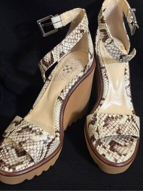 Vince Camuto Cream and Brown Snake-Print Platform Wedge Sandals
